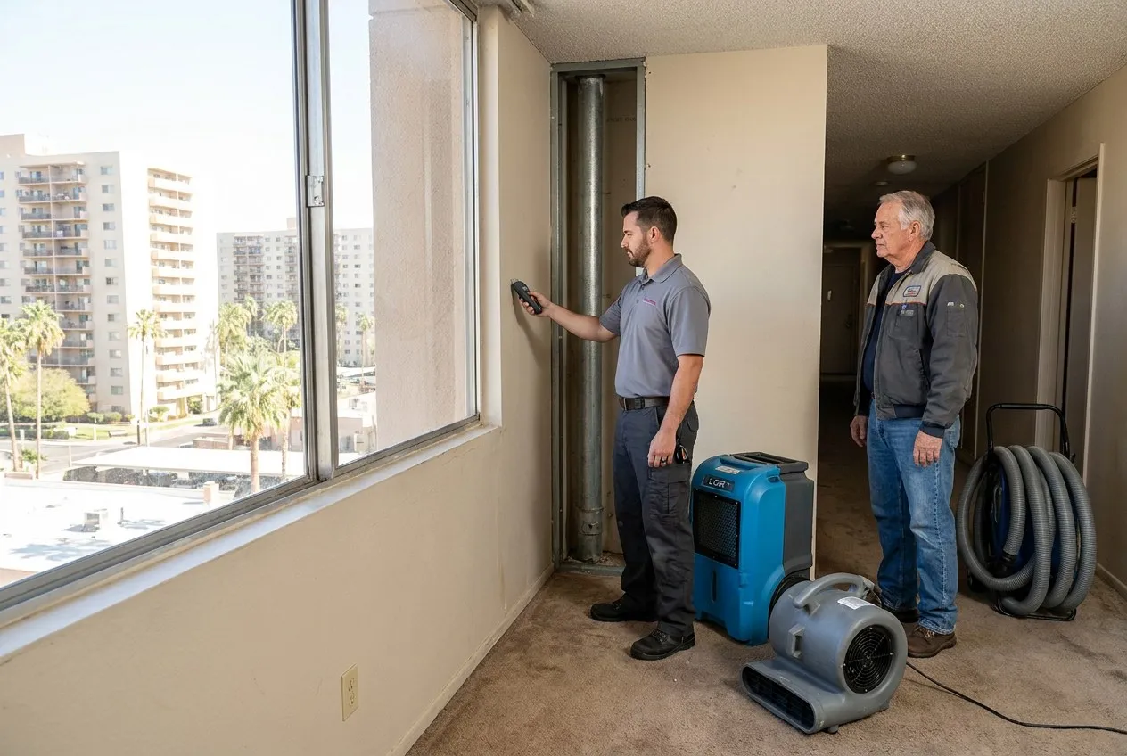 A technician maps moisture beside a Central Phoenix high-rise pipe chase while a building engineer observes the inspection.