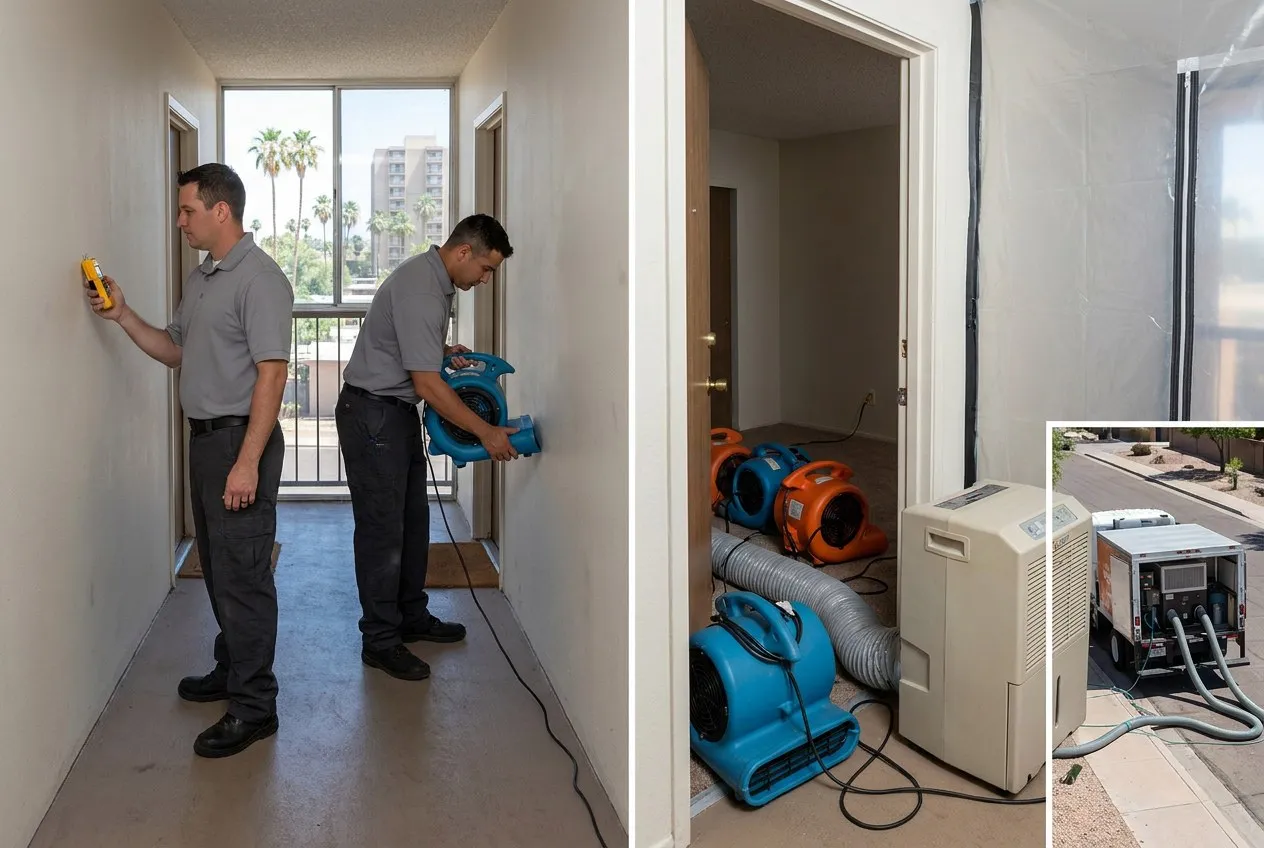 Compact drying equipment operates inside a Central Phoenix condominium while leaving the main hallway clear.