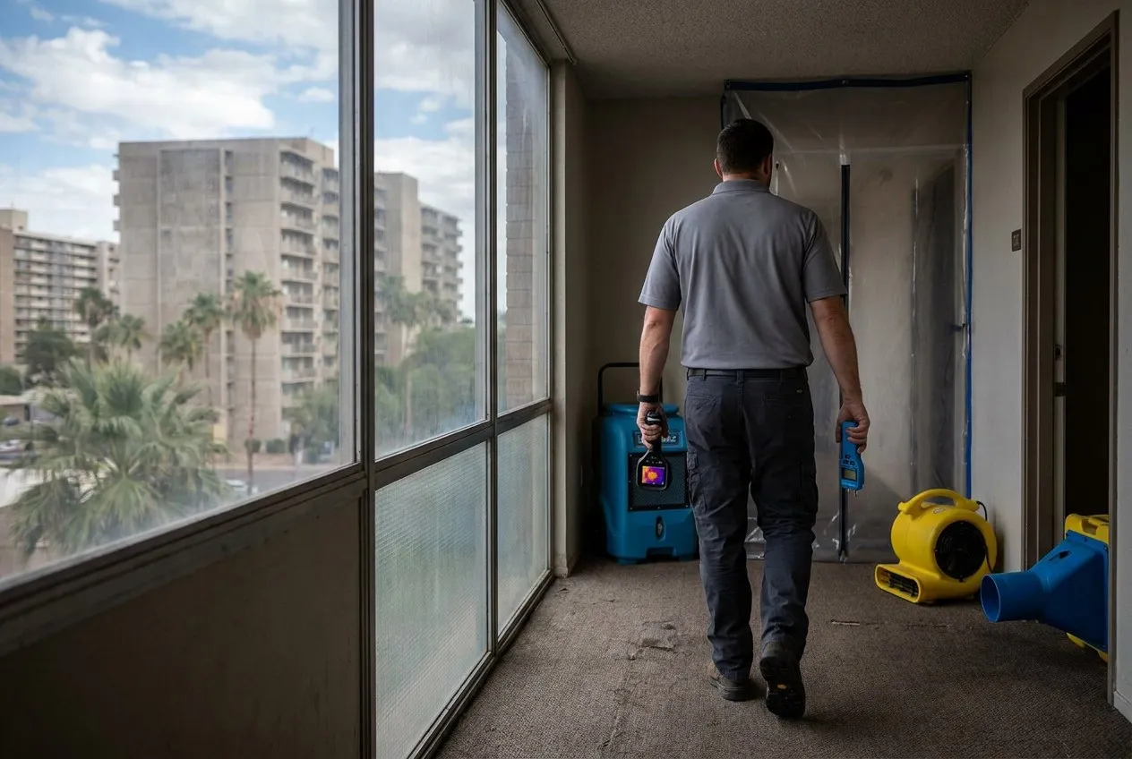 A restoration technician carries moisture-mapping equipment through the corridor of a Central Phoenix residential tower.
