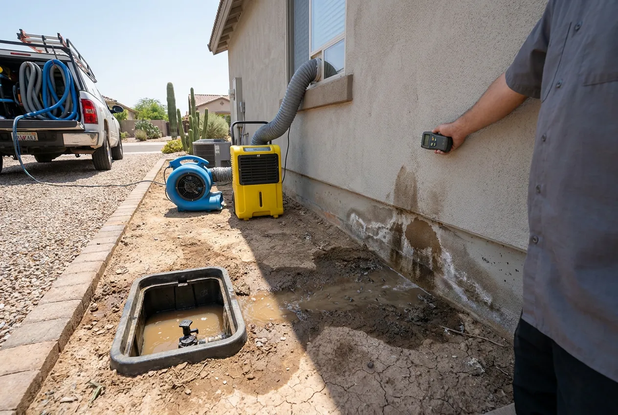 A flooded irrigation valve box beside a Chandler home's side yard, with moisture staining visible along the base of the adjacent stem wall.