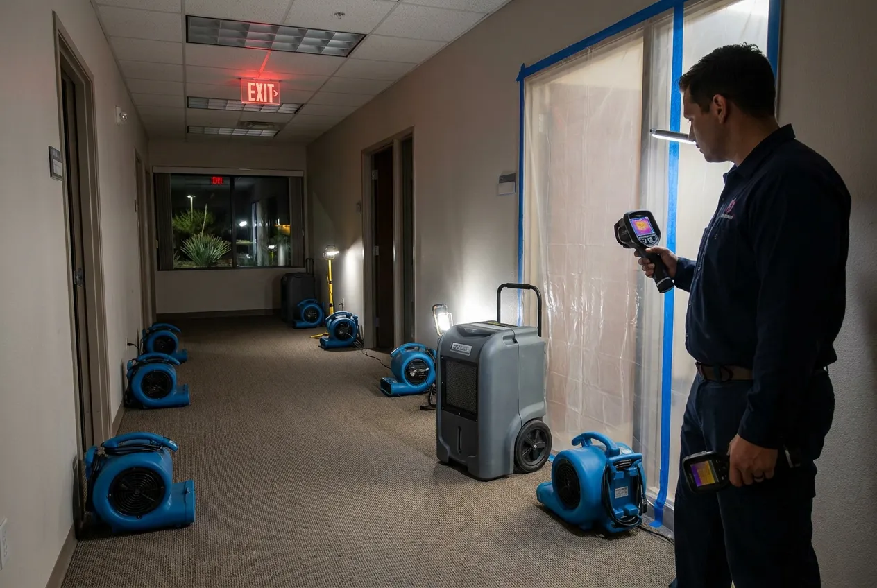 Air movers dry a Chandler office corridor overnight while containment plastic seals one suite and the lighted exit path remains clear.