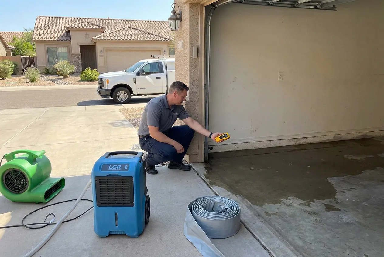 A restoration technician measures stormwater depth at a flooded Chandler garage without entering the water.