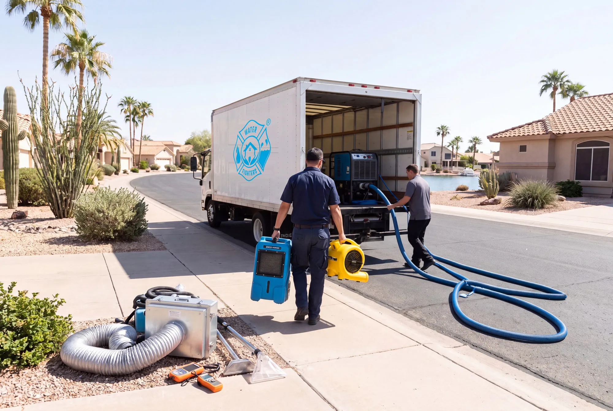 A Water Fighters truck parked on a lakeside street in Chandler's Ocotillo community as a technician carries extraction equipment toward a waterfront home.