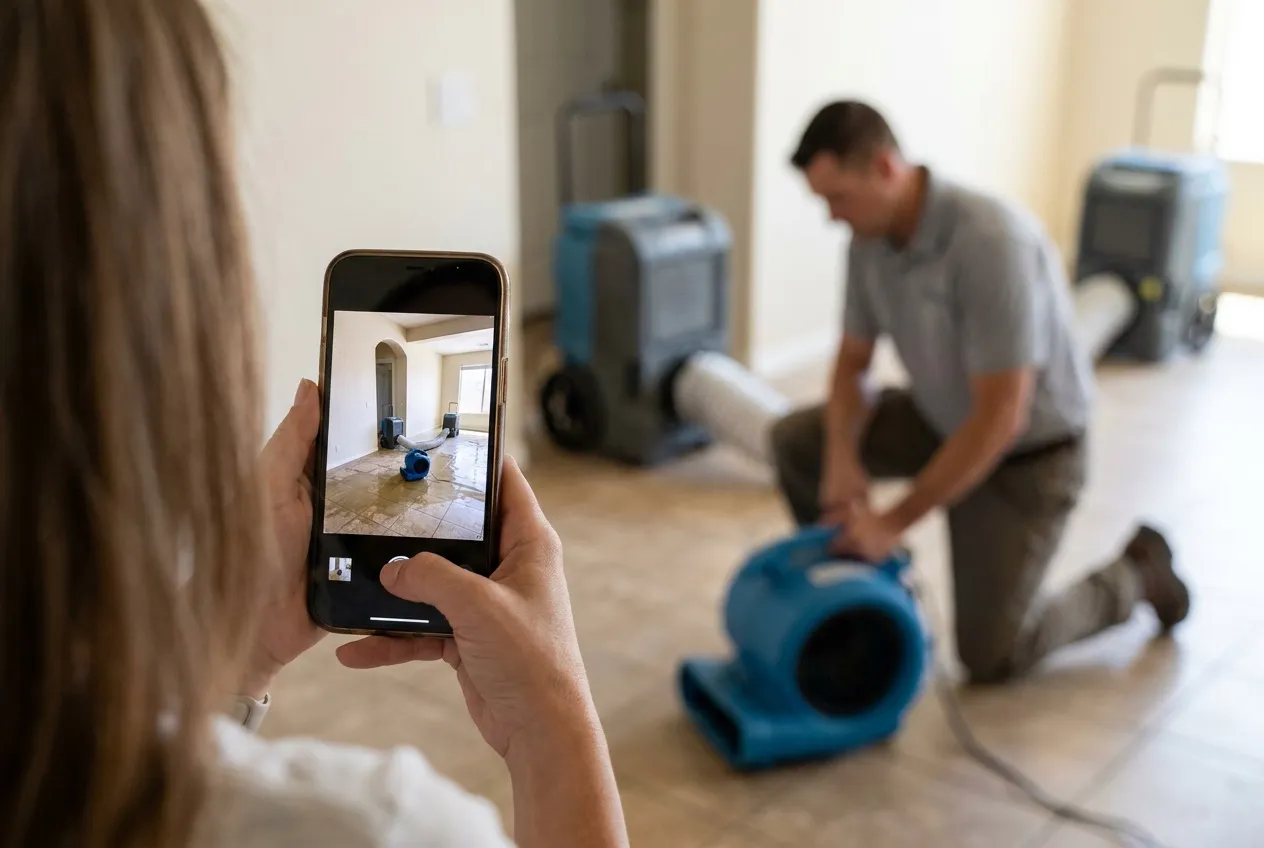 A homeowner's phone captures a doorway-wide photo of a flooded Phoenix living room while a technician places drying equipment in the background.
