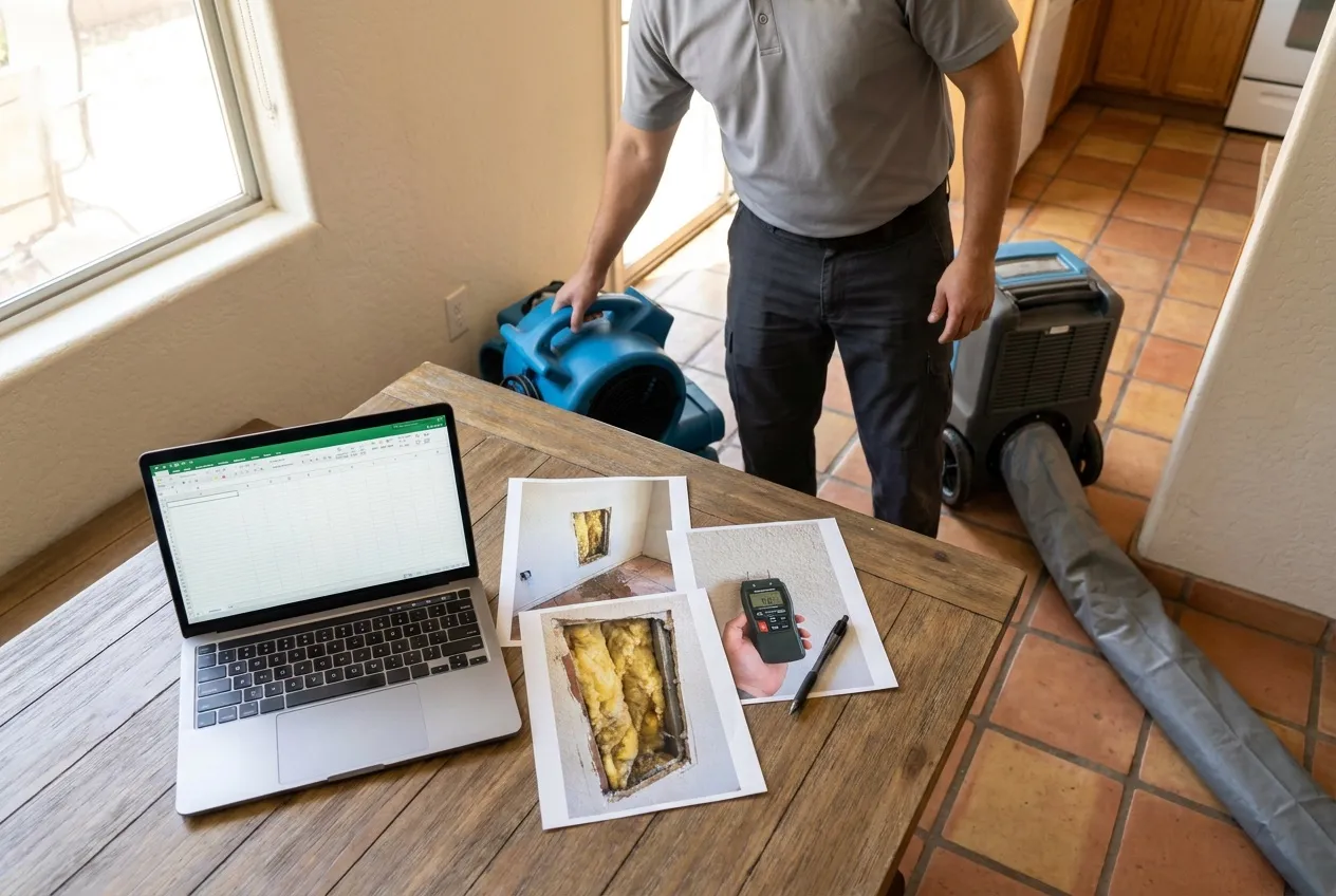 A supplement request in adjuster estimating format on a laptop beside printed photos of newly discovered damage inside an opened Phoenix wall cavity.