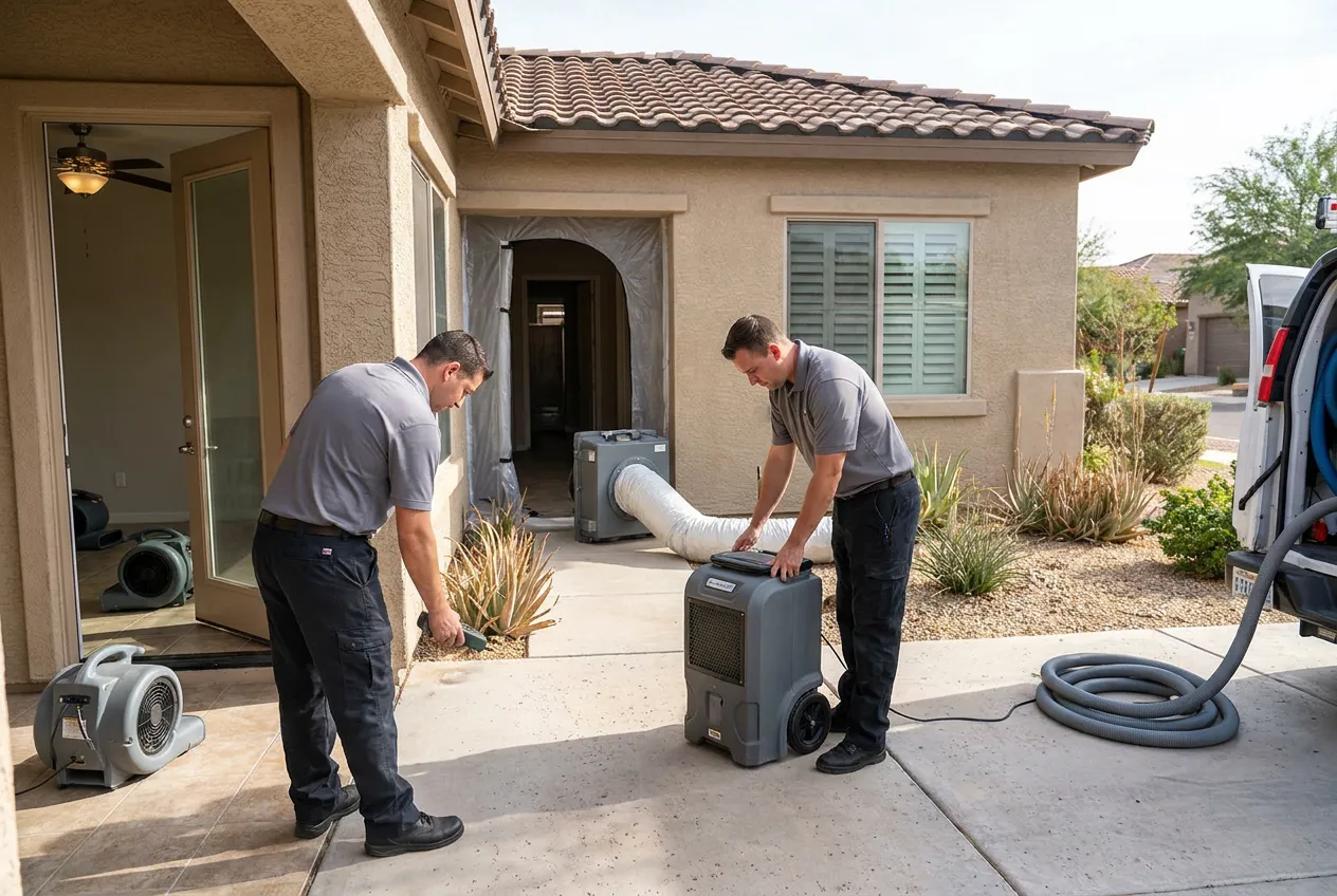 A containment barrier with zippered entry seals a commercial corridor while a negative air machine exhausts to the exterior.