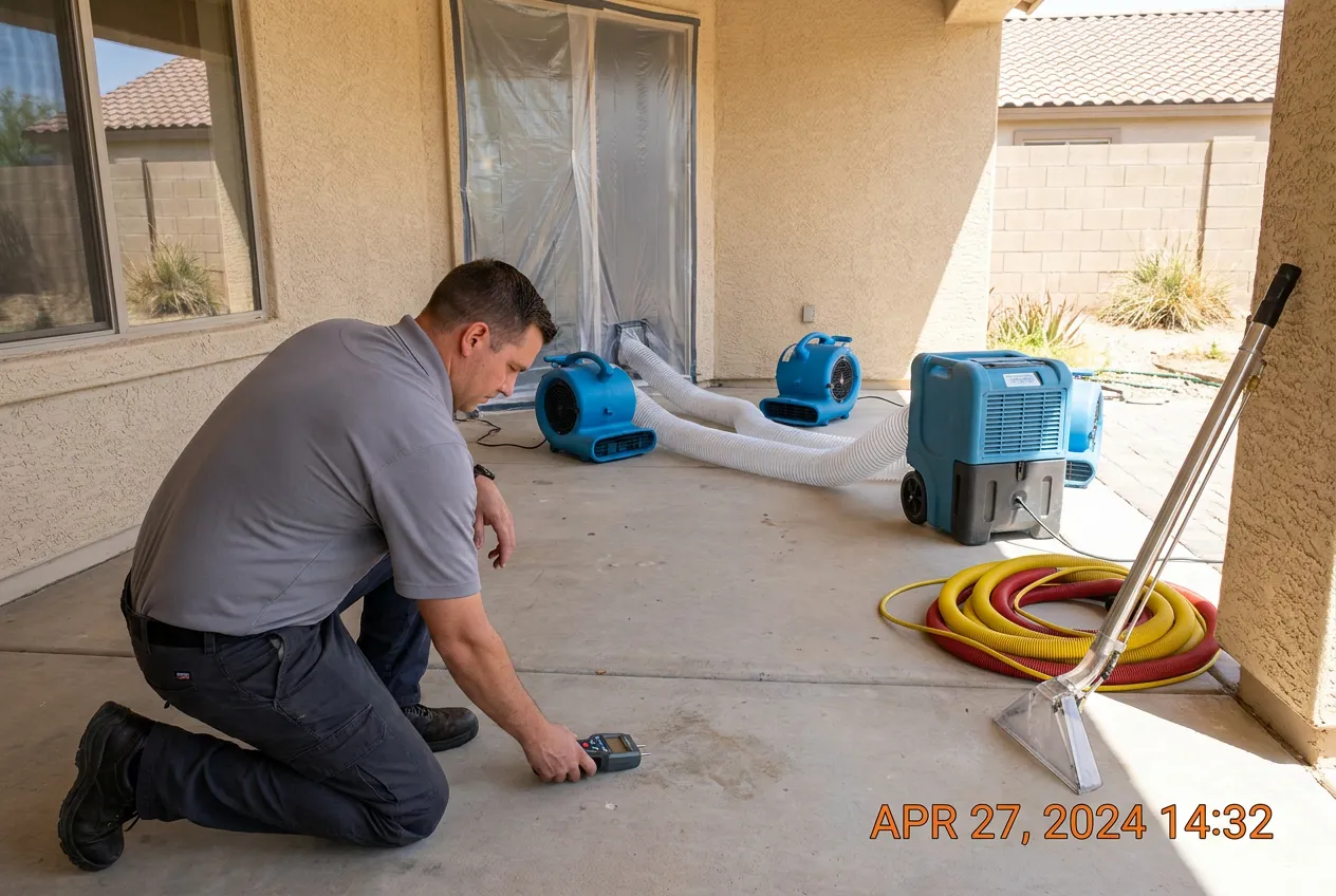 A technician records a final moisture reading on a cleaned commercial slab with drying equipment staged behind.