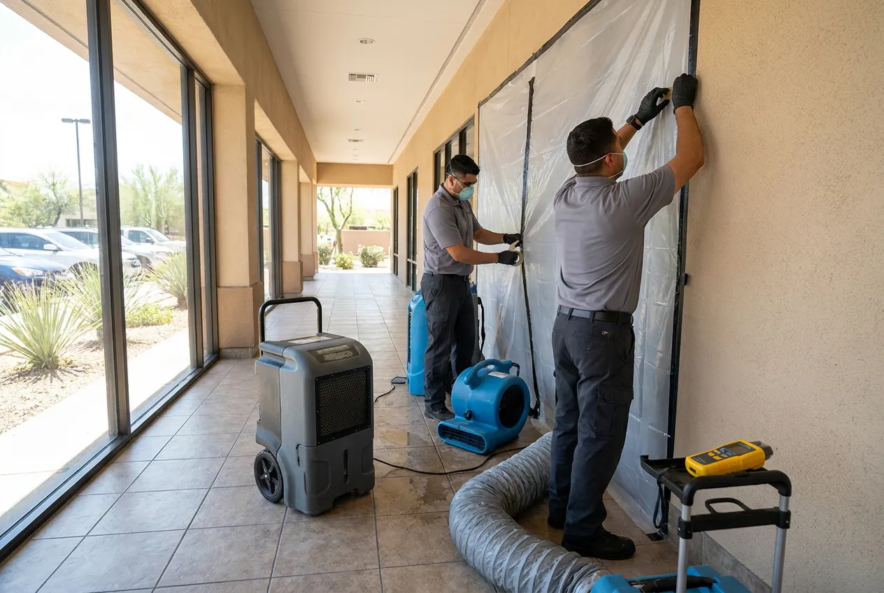 Water Fighters technicians in protective equipment establish containment in a commercial corridor after a sewage backup.