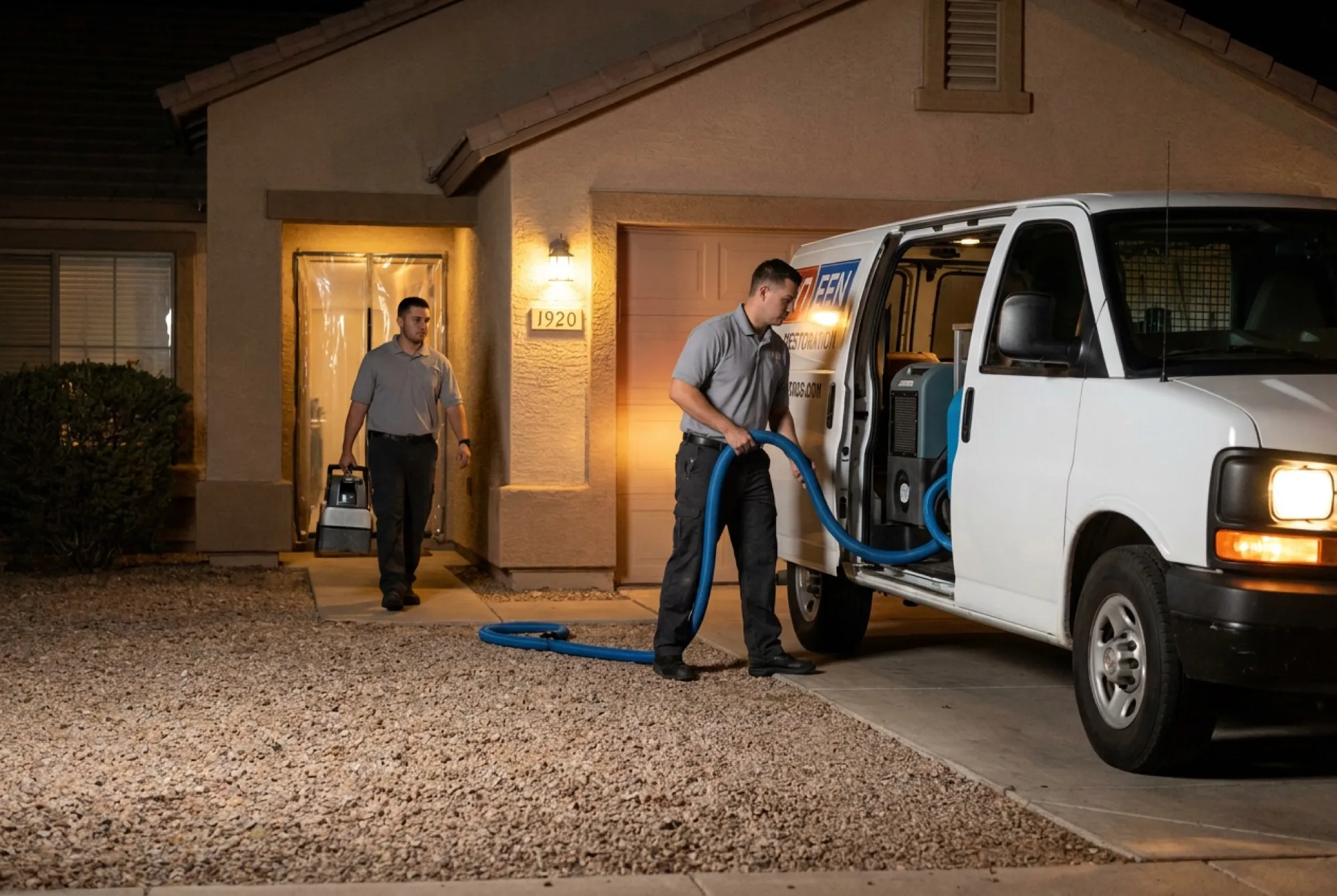 A Water Fighters crew arrives at a Phoenix home at night with headlights on the house and extraction equipment coming off the truck.
