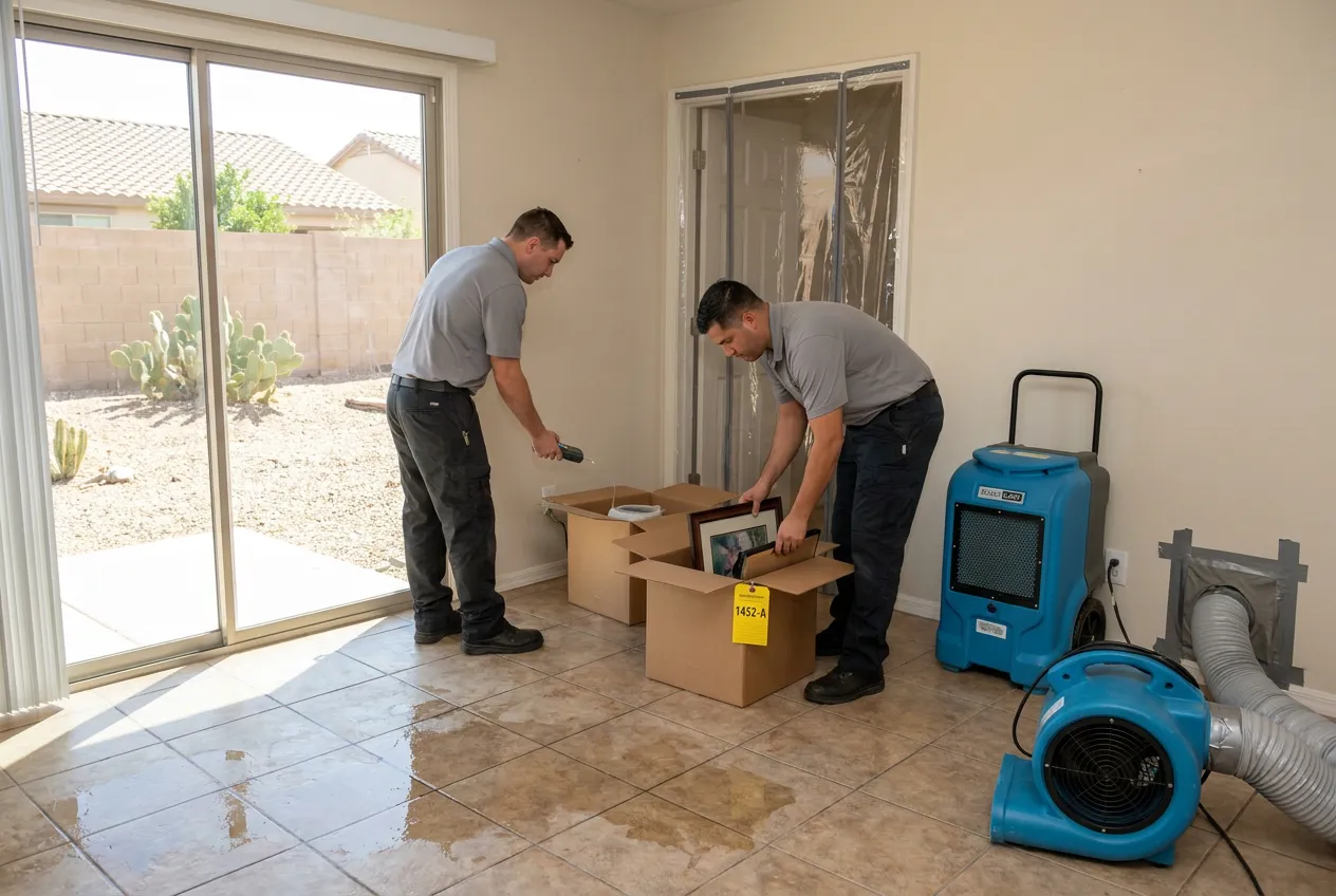 Numbered inventory tags and item photographs beside packed cartons during a contents pack-out in a Phoenix home.