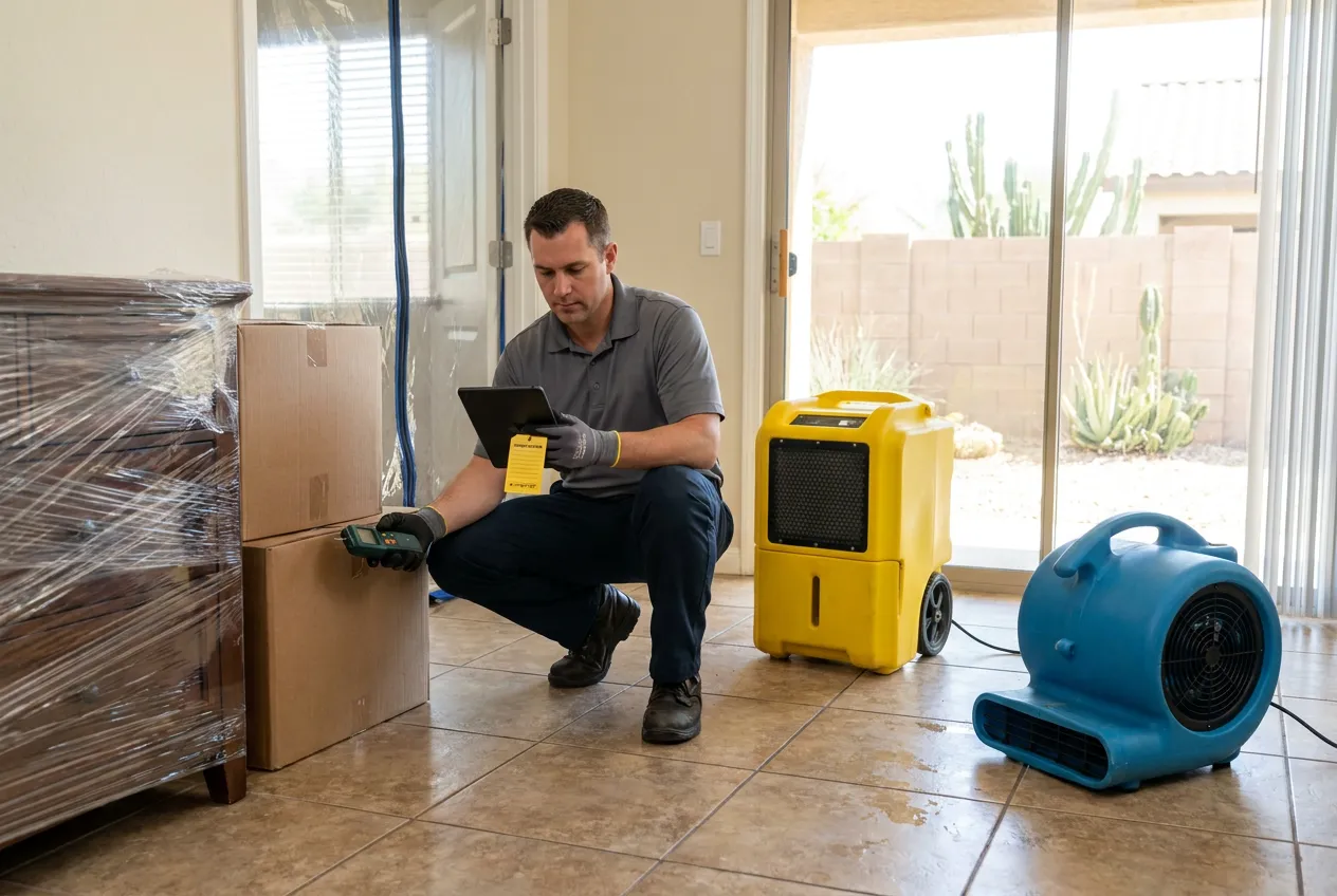 A technician photographs and tags a household item during a contents inventory in a Phoenix home.