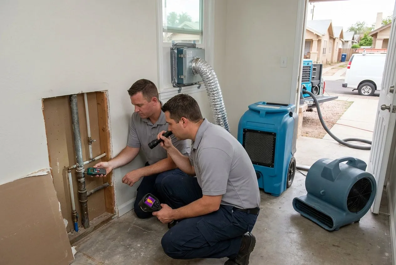 A technician inspects a transition between older metal pipe and newer plumbing inside a Coronado bungalow wall.