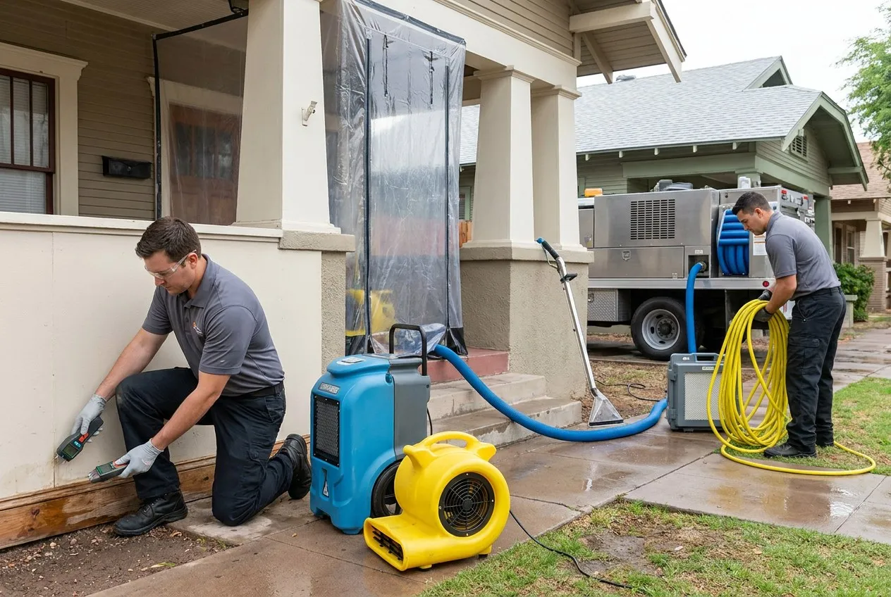 Drying equipment operates beside protected original wood trim and a bungalow window after storm water entered a Coronado home.