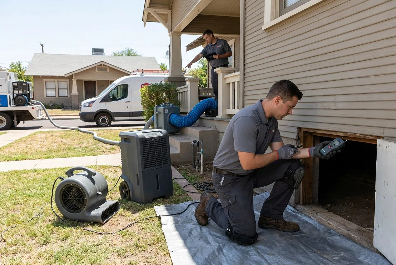 A restoration technician inspects the crawl space beneath a Craftsman bungalow in Phoenix's Coronado neighborhood.