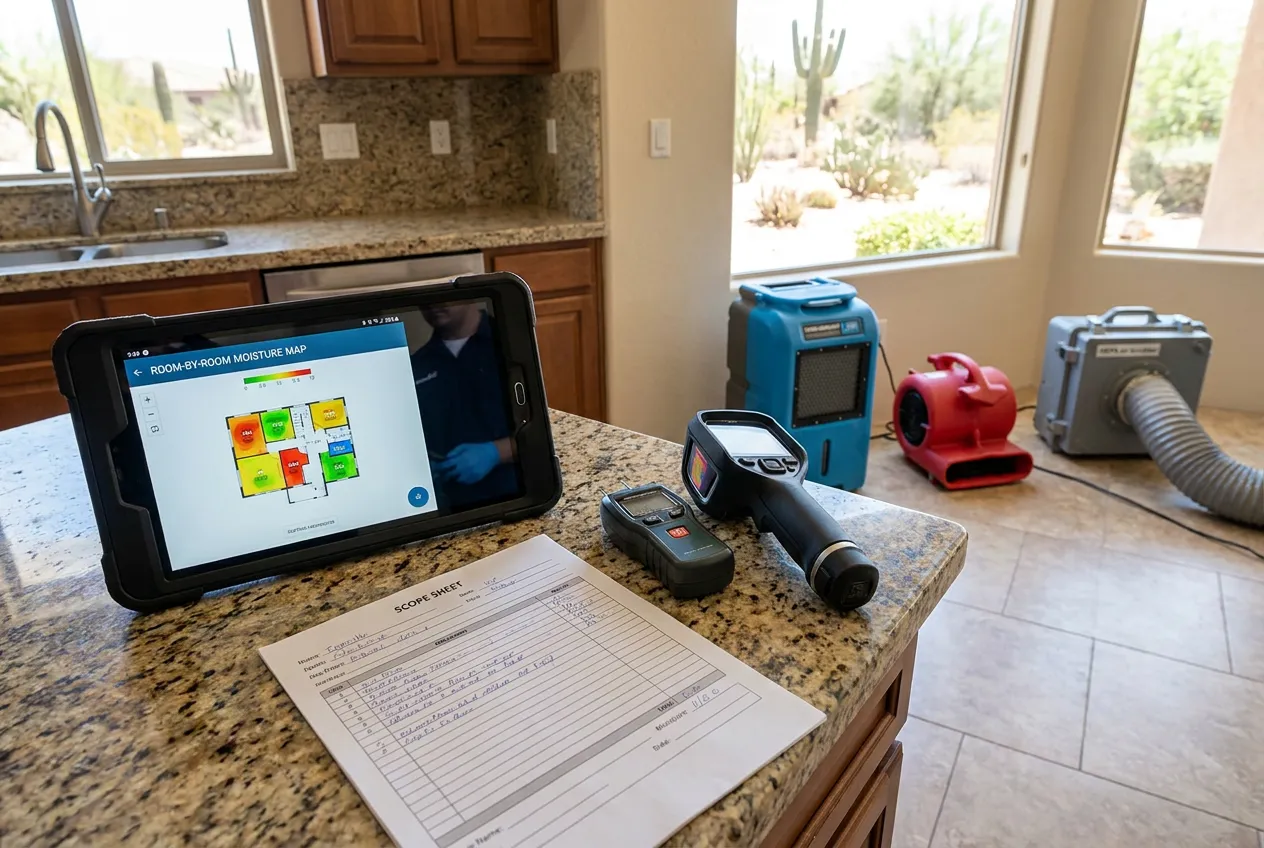 A tablet displaying a room-by-room moisture map sits beside a printed restoration scope sheet on a Phoenix kitchen counter during an estimate.