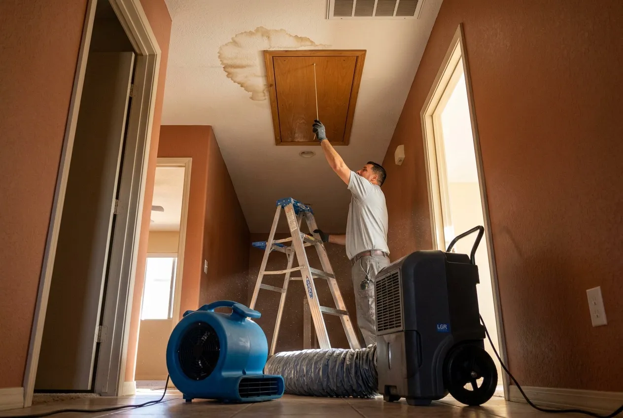 A spreading water stain on a Phoenix hallway ceiling below an attic air handler, with a technician's ladder set up beneath the access panel.