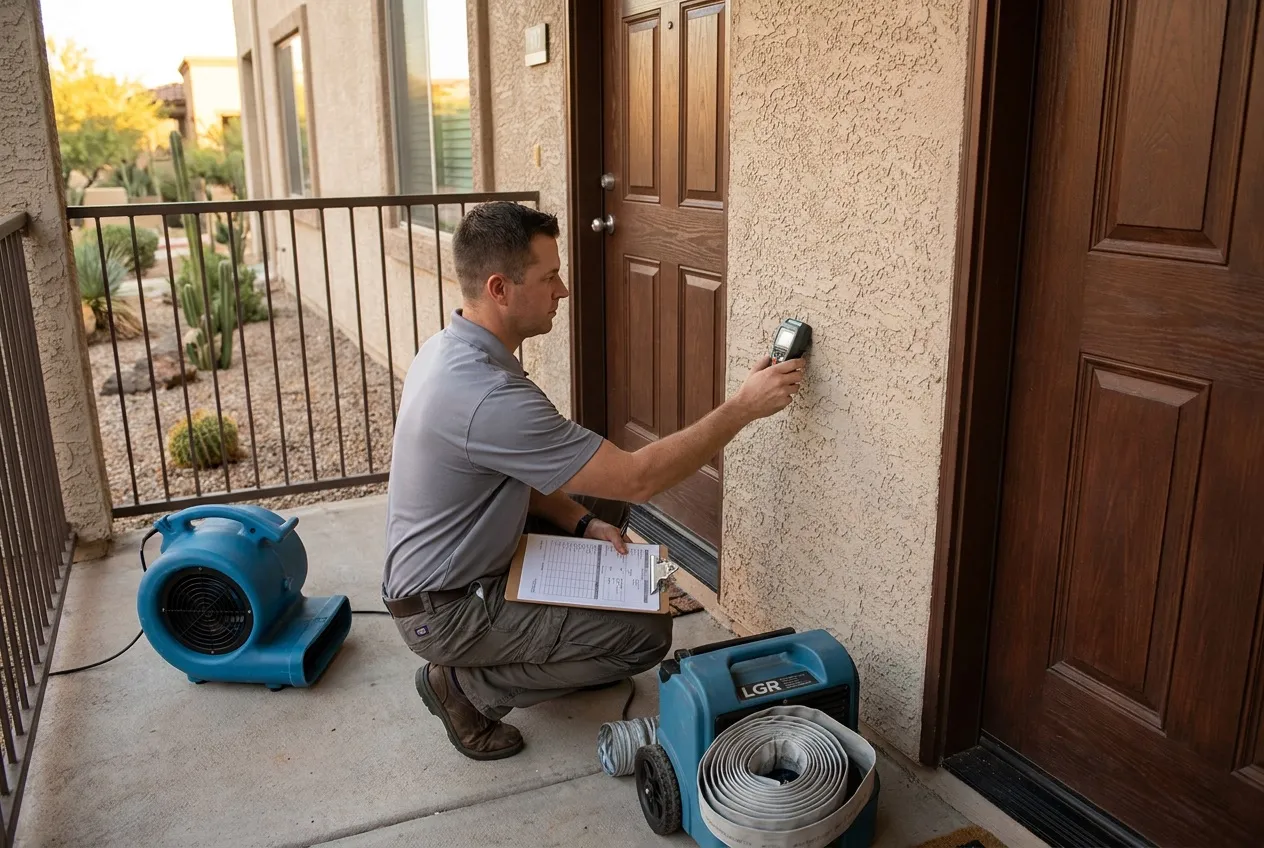 A Water Fighters technician meters the shared wall between two Phoenix condo units while a clipboard holds the association's insurance documentation.