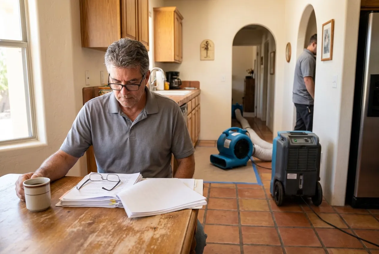 A Phoenix homeowner reads a home insurance declarations page at a kitchen table while drying equipment runs in the hallway behind.