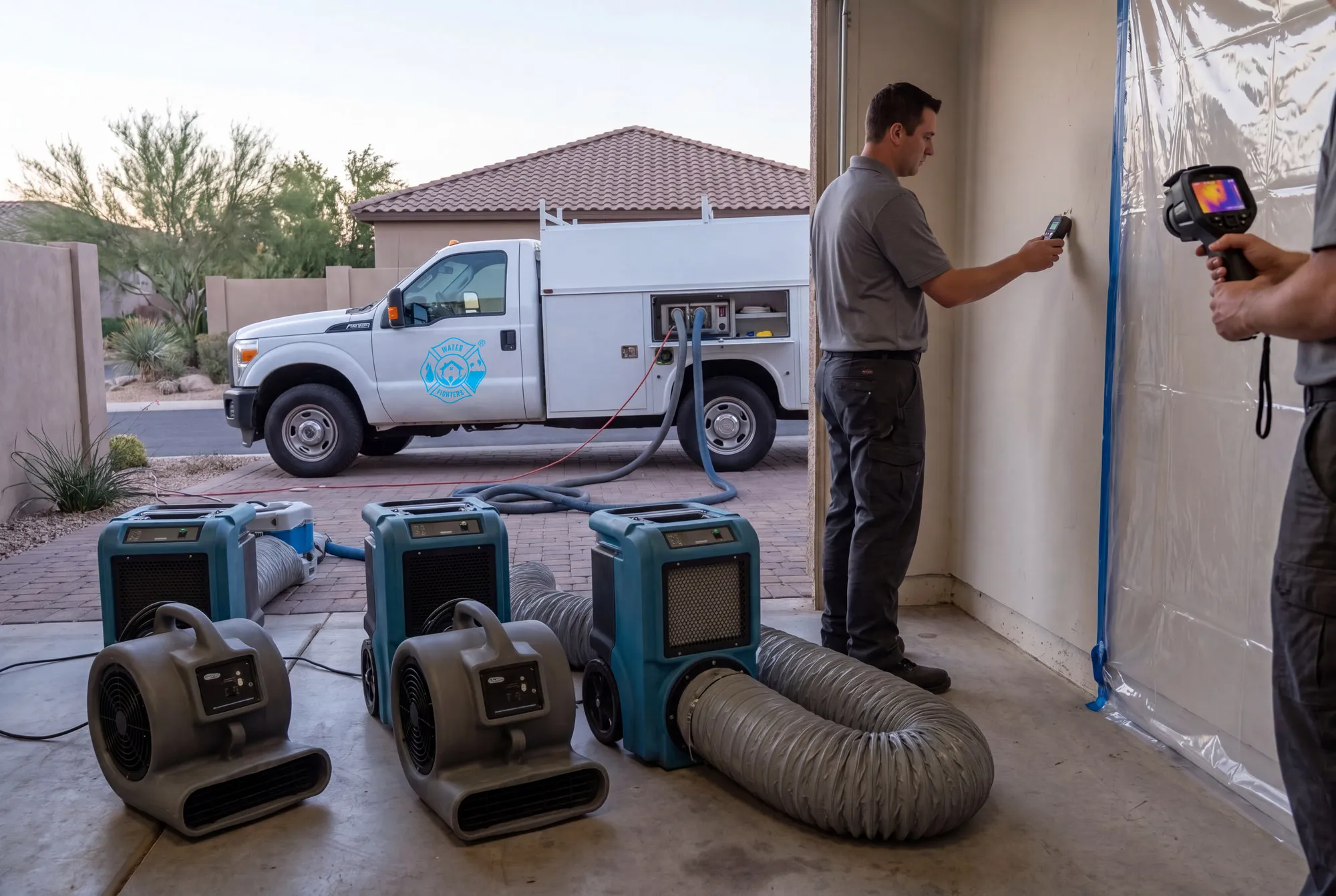 Air movers and dehumidifiers staged in a north Phoenix equipment bay at first light beside a Water Fighters truck.
