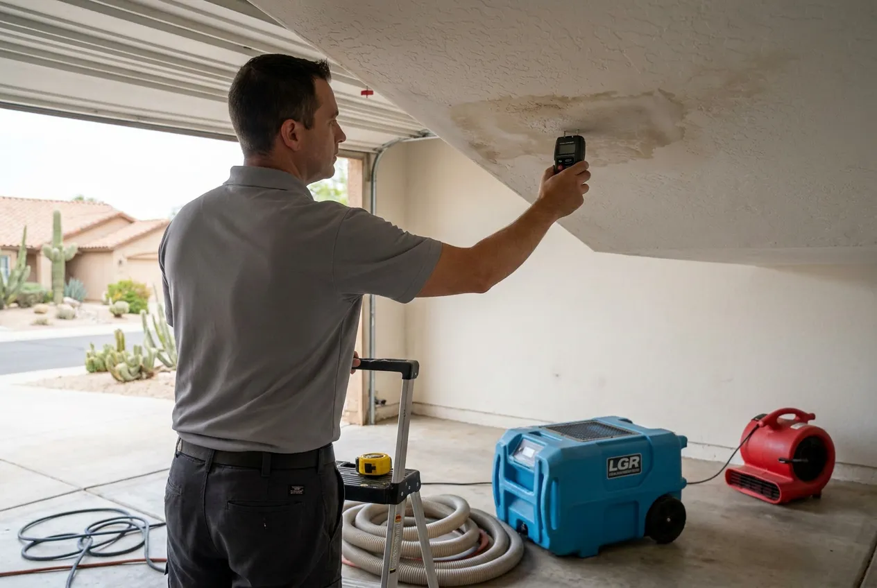 A technician meters water staining on a Deer Valley garage ceiling below a second-floor laundry room.