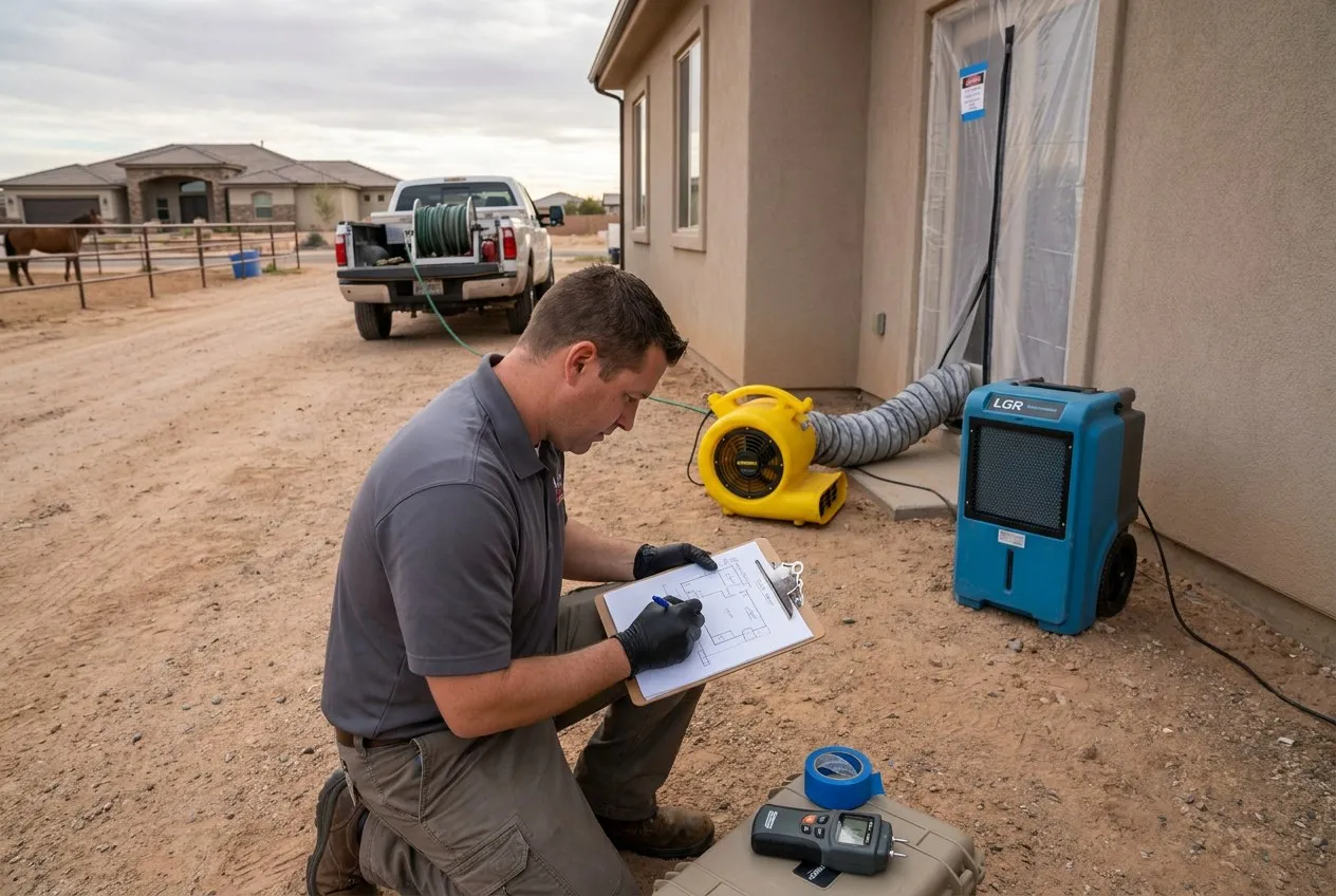A technician labels the meter, pressure equipment, and private-line route on a site sketch at a Desert Hills custom home.