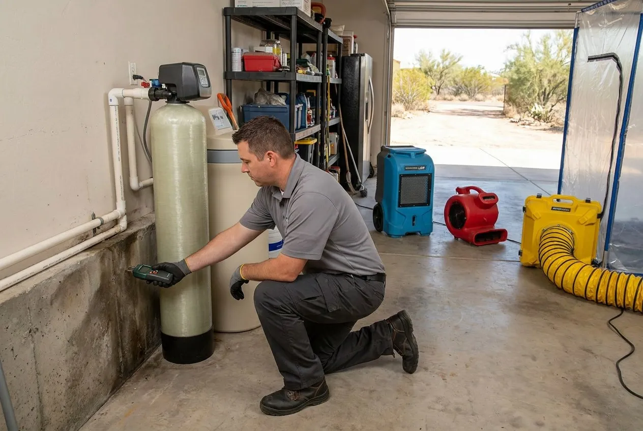 A technician inspects a water softener and damp stem wall inside a Desert Hills custom-home garage.