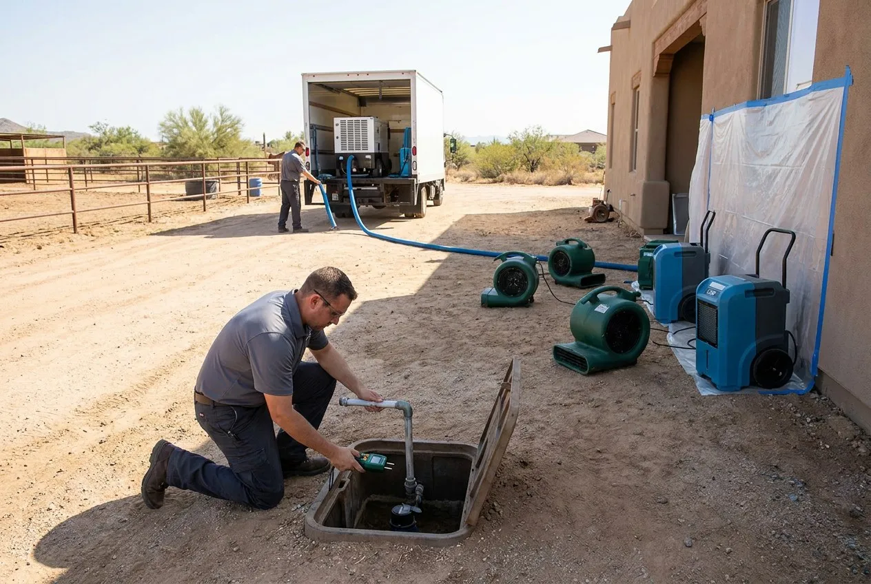 A restoration technician checks a water meter and private line at a Desert Hills acre-lot home with horse fencing nearby.