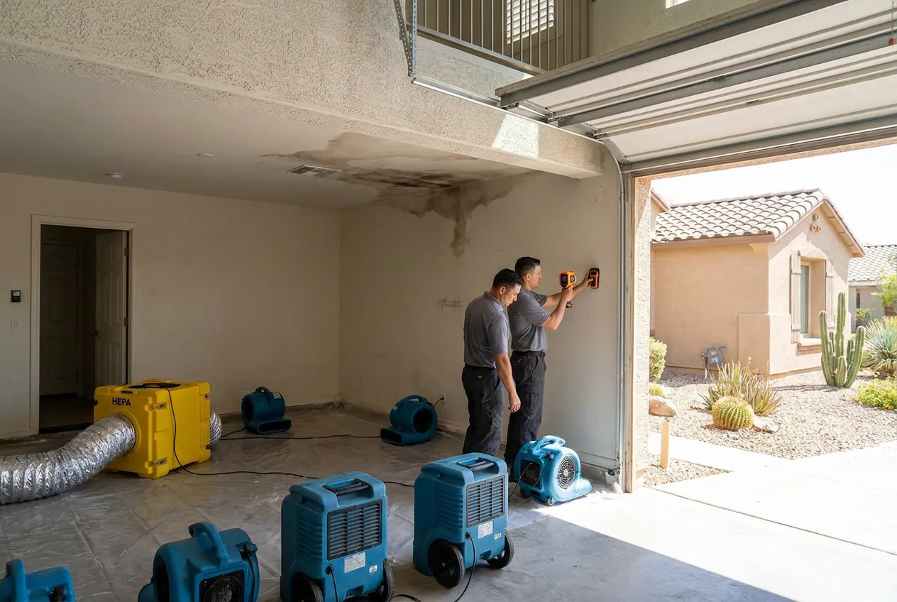 Water staining spreads across a Desert Ridge garage ceiling below the second-floor laundry, with air movers positioned beneath.