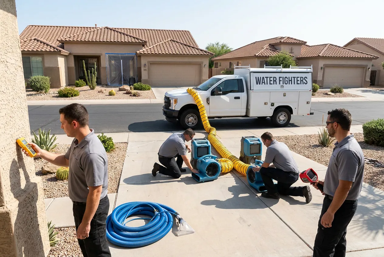 A Water Fighters truck on a wide Desert Ridge street lined with 2000s tile-roof homes and young desert landscaping.