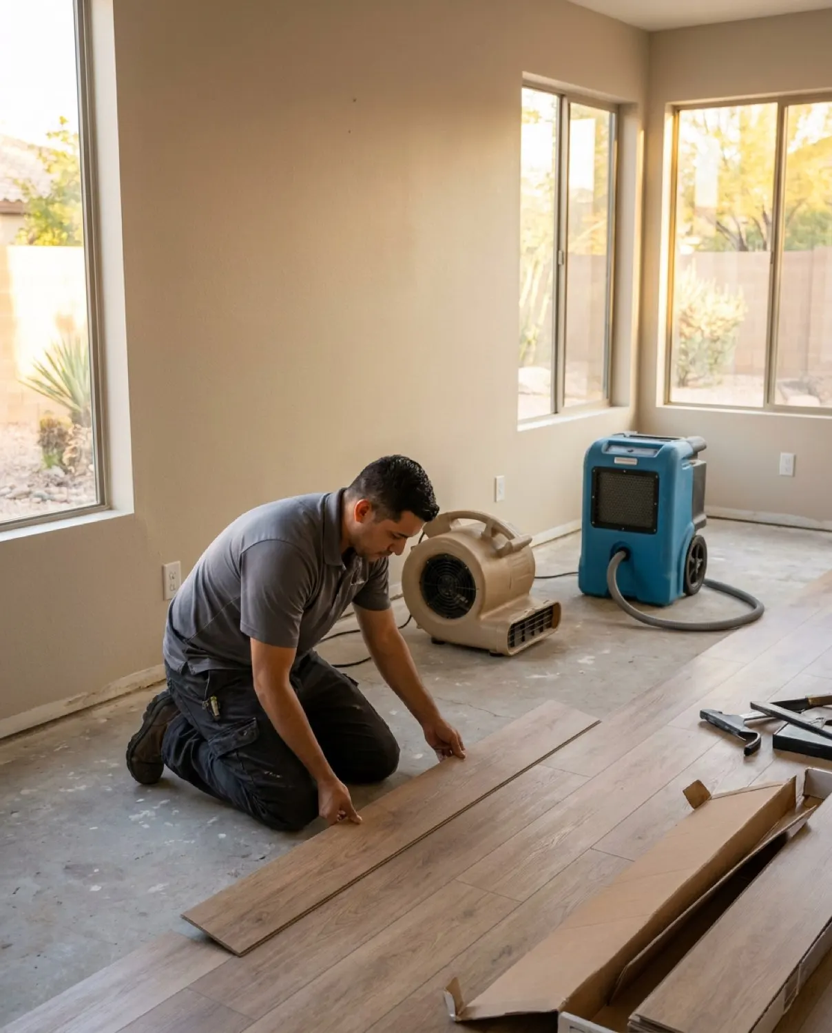 Water Fighters technician setting drying equipment in a water-damaged living room