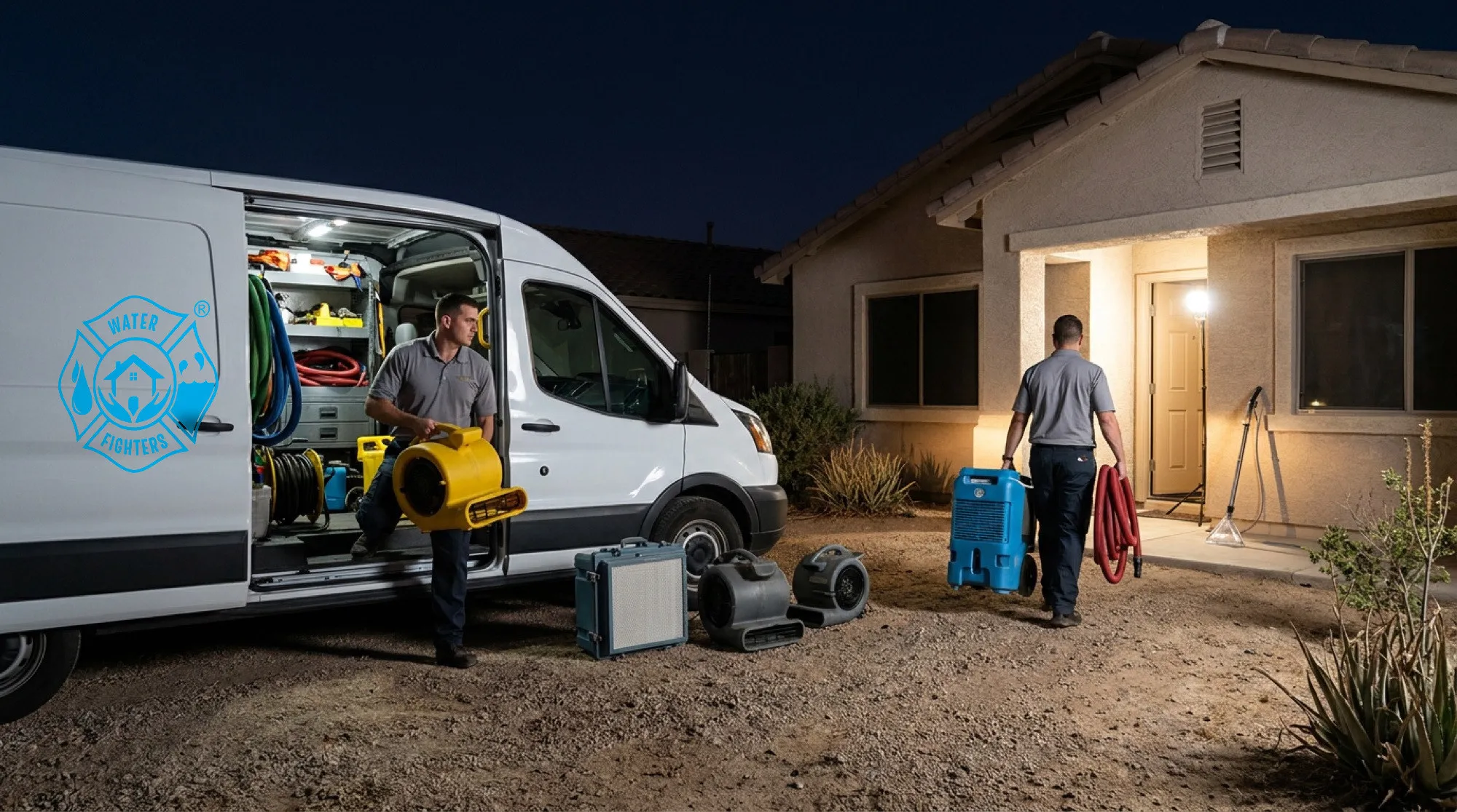 A Water Fighters service truck with its lights on outside a Phoenix home at night, crew unloading equipment.