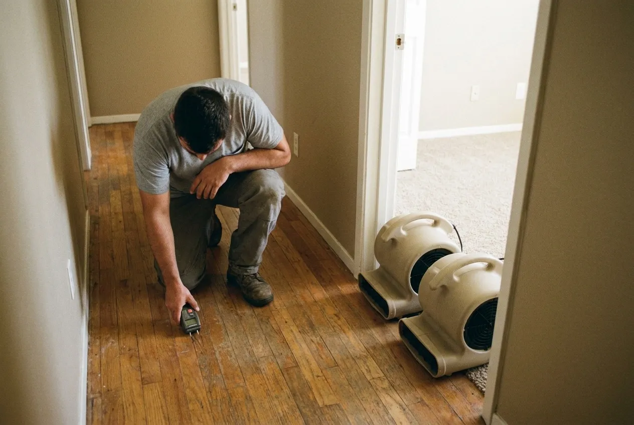 A technician takes pin moisture readings on oak flooring in a Phoenix hallway while air movers run beside a carpeted bedroom doorway.