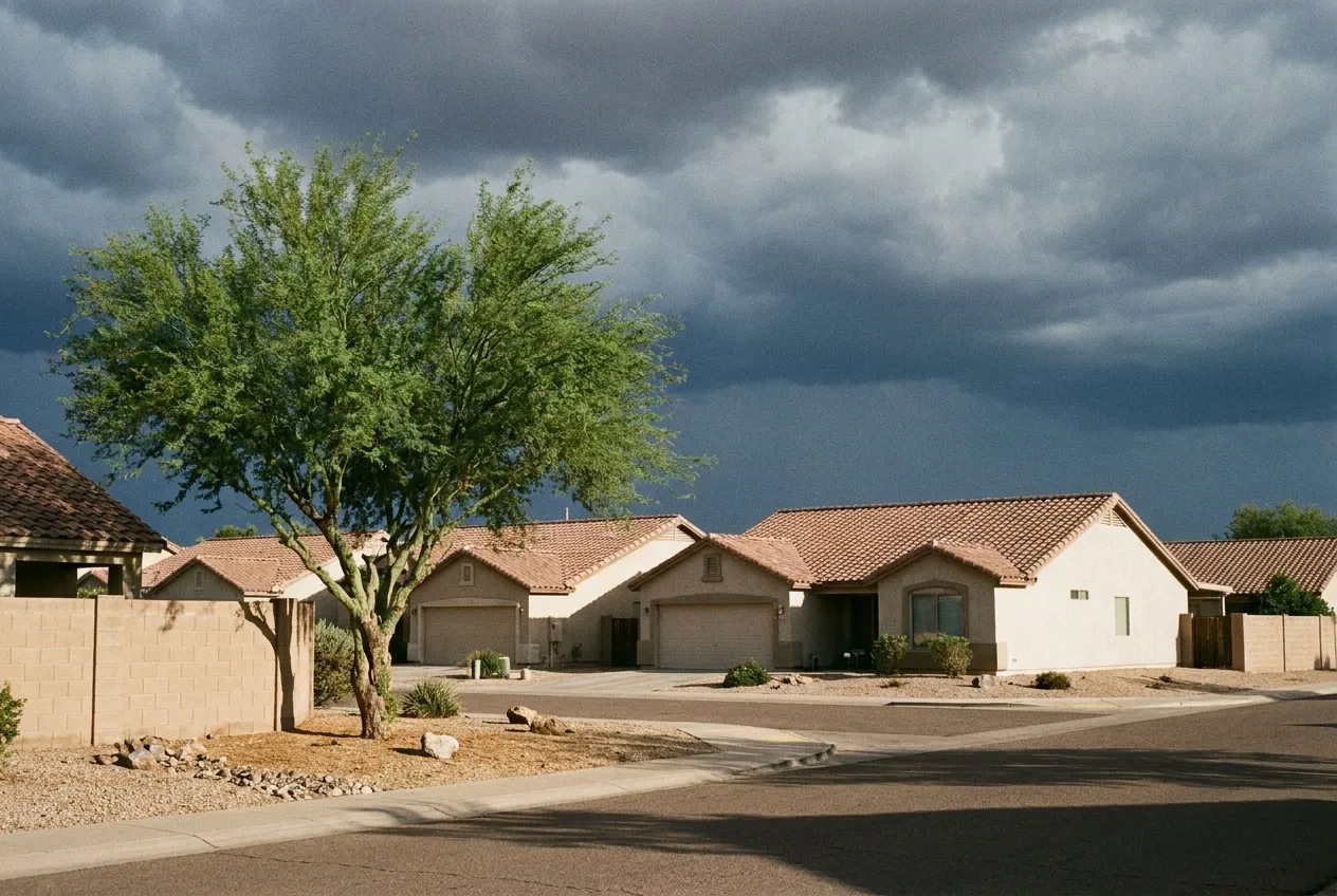 Monsoon thunderheads build over tile-roofed homes in a Phoenix neighborhood on a summer afternoon.