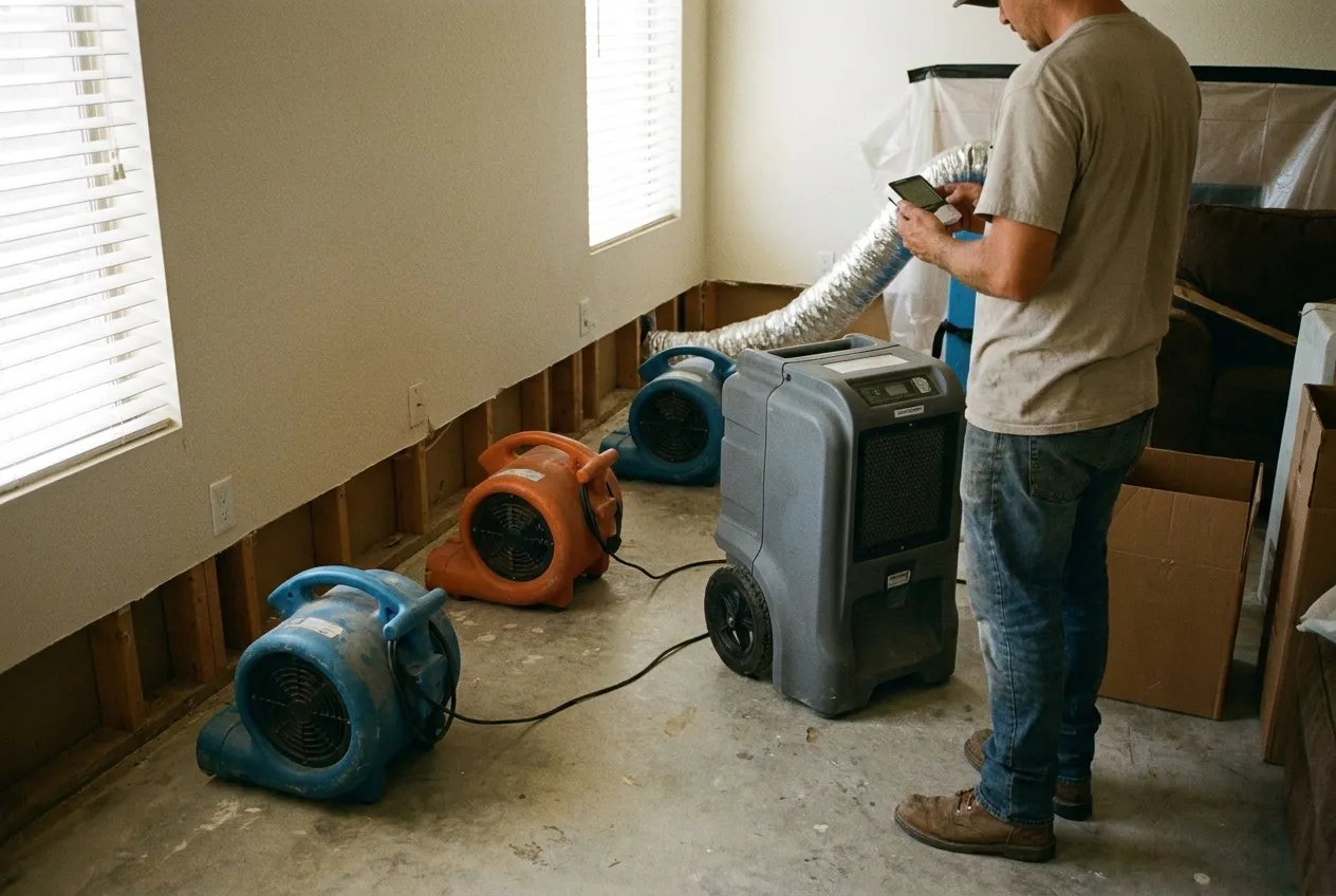 A technician checks a handheld humidity meter beside an LGR dehumidifier and air movers in a Phoenix living room during a dry-out.
