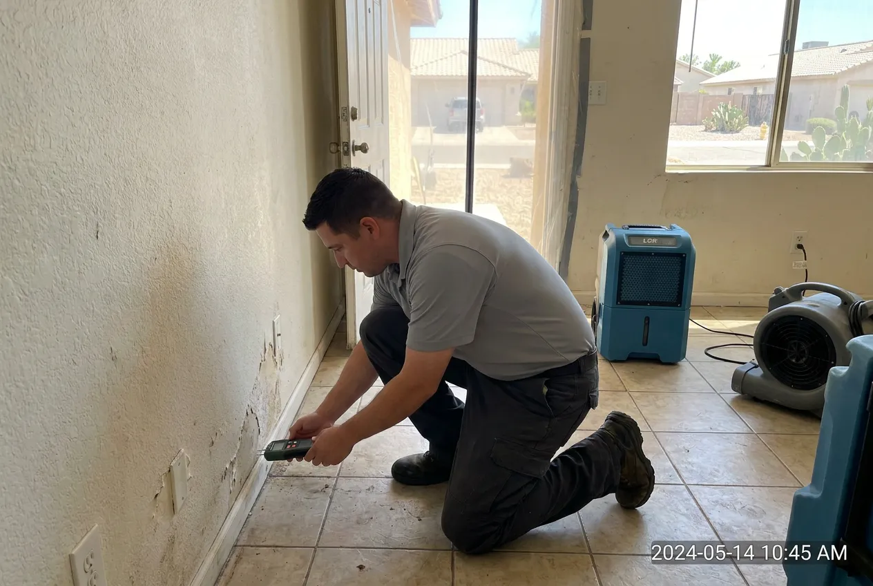 A technician traces moisture along the base of an older wall inside a home in the original El Mirage core.