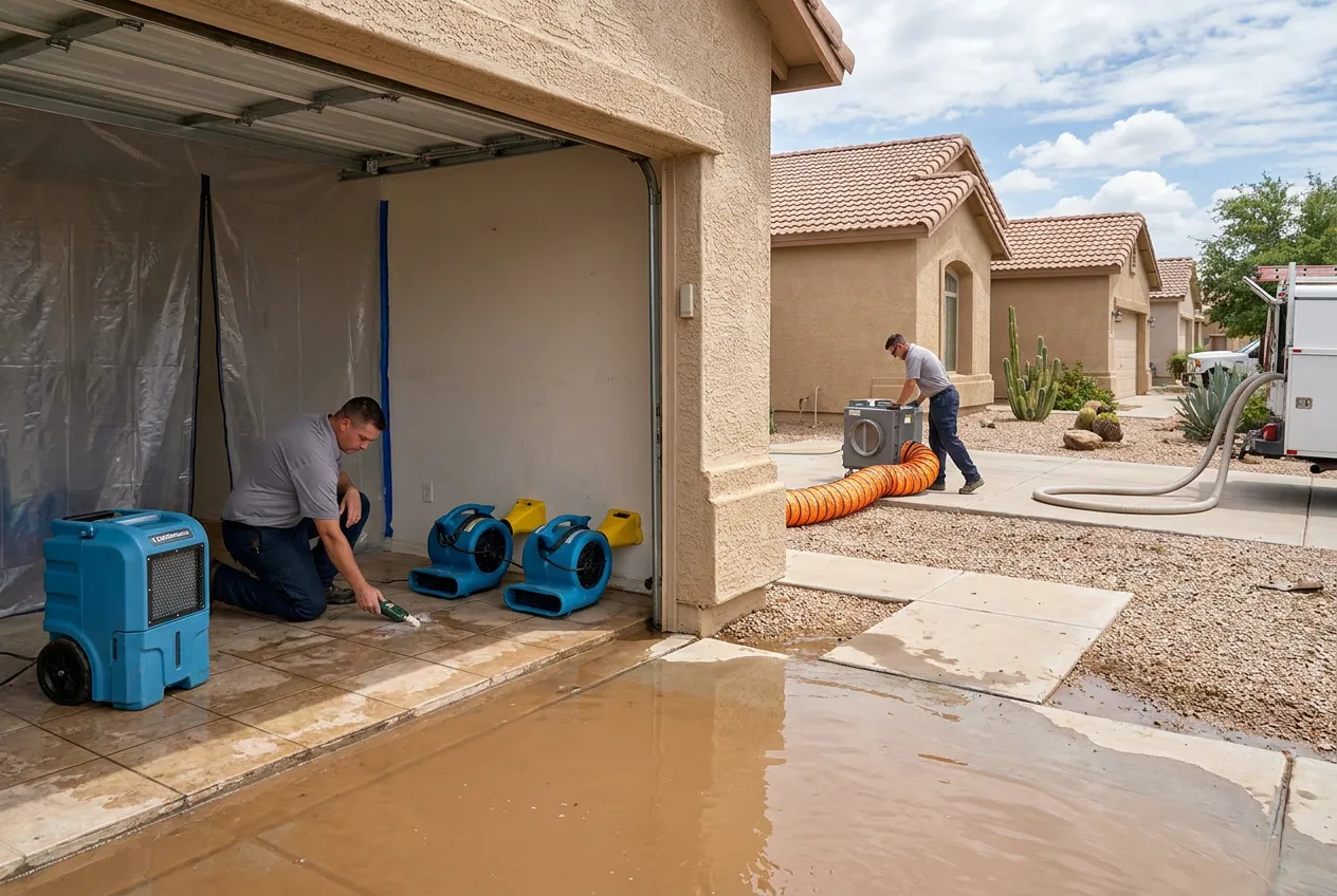 Muddy monsoon runoff reaches the edge of a garage threshold in an El Mirage subdivision.