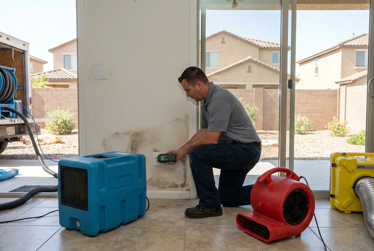 A restoration technician checks a wet wall inside an El Mirage home with a small-lot subdivision visible outside.
