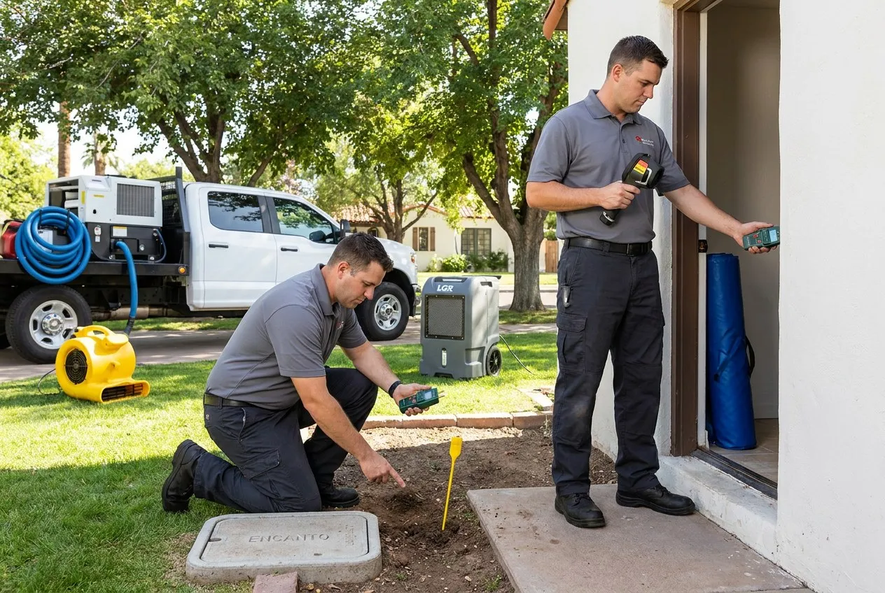 A technician compares soil moisture near an Encanto irrigation valve with readings along the home's interior plaster wall.