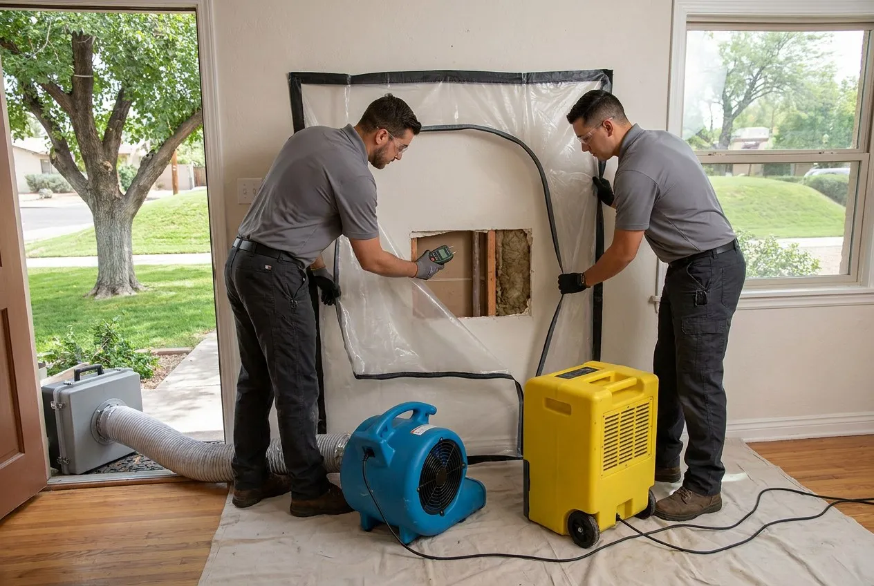 A protected work area surrounds a controlled plaster opening in an Encanto home while the original baseboards remain in place.