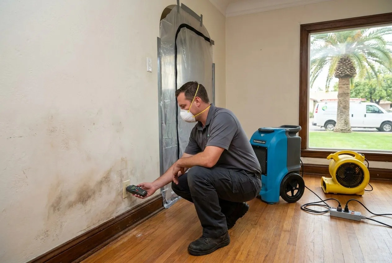 A restoration technician inspects a damp plaster wall inside a 1920s Encanto home with original wood trim.
