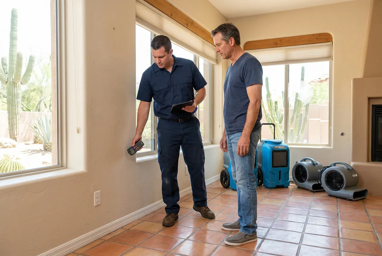 A Water Fighters estimator walks a Phoenix living room with a homeowner, recording moisture readings on a tablet during a free estimate.