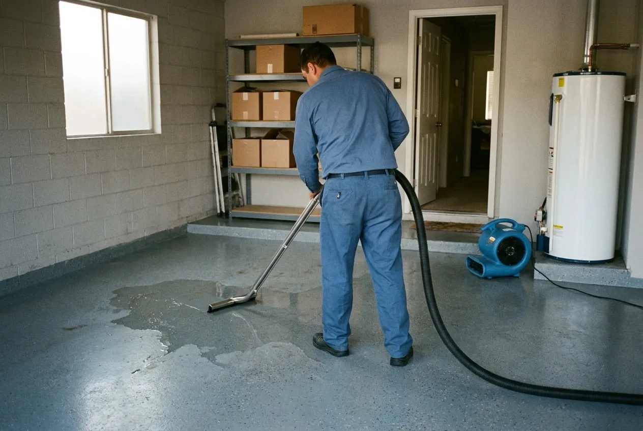 A technician extracts standing water from a garage's concrete floor beside the water heater, near the door into the house.