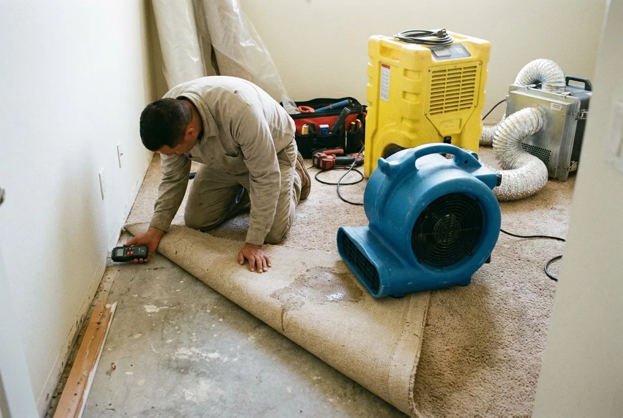 Carpet is pulled back along a bedroom wall, exposing the slab, while a technician checks the bottom of the drywall with a pin meter and an air mover runs beside the fold.