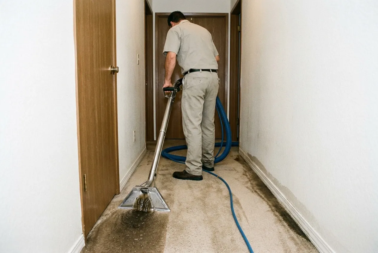 A technician pulls a carpet extraction wand across soaked hallway carpet, drawing water up into the wand head.