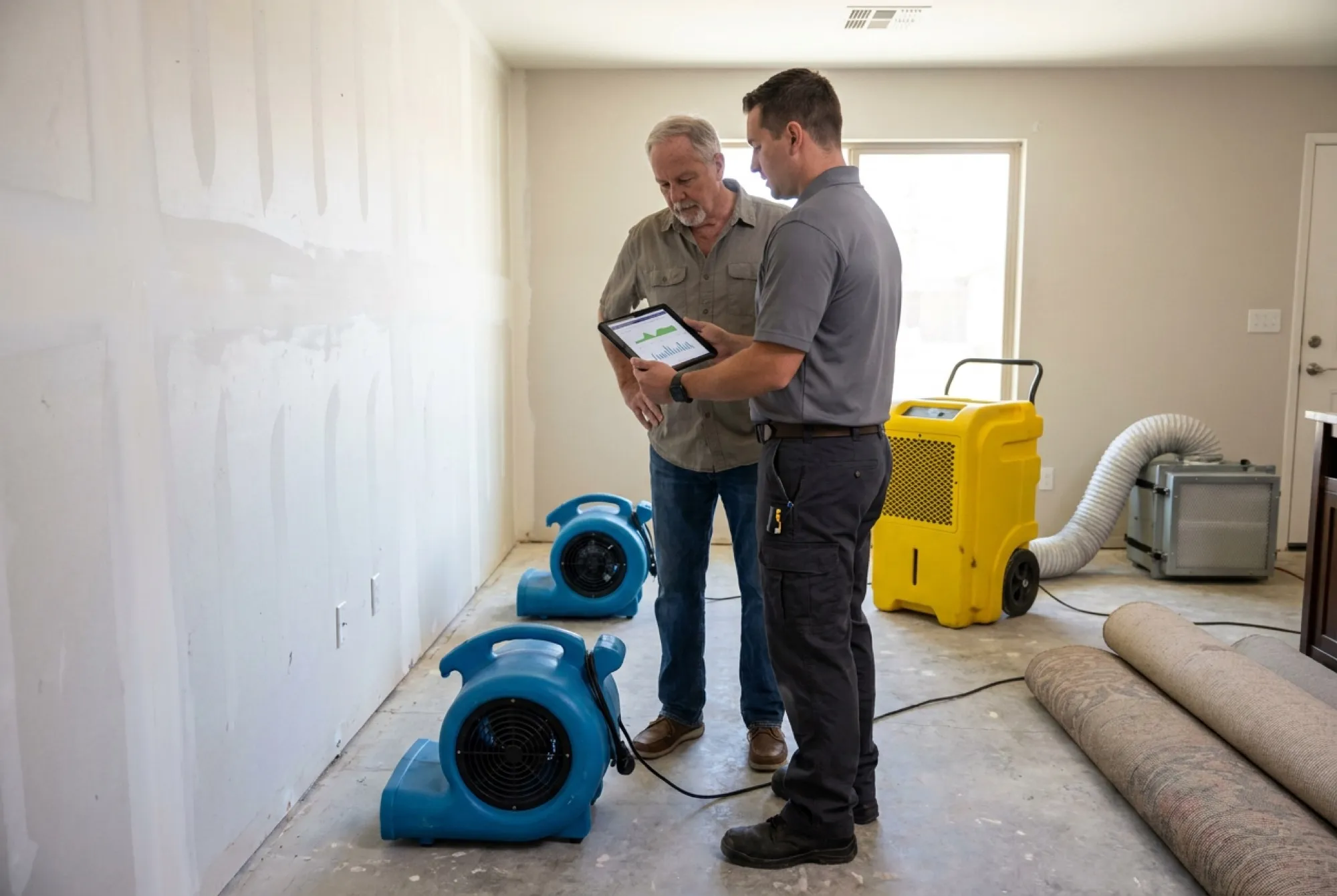 A Water Fighters technician shows a Phoenix homeowner the day's moisture readings on a tablet in a partially dried room.