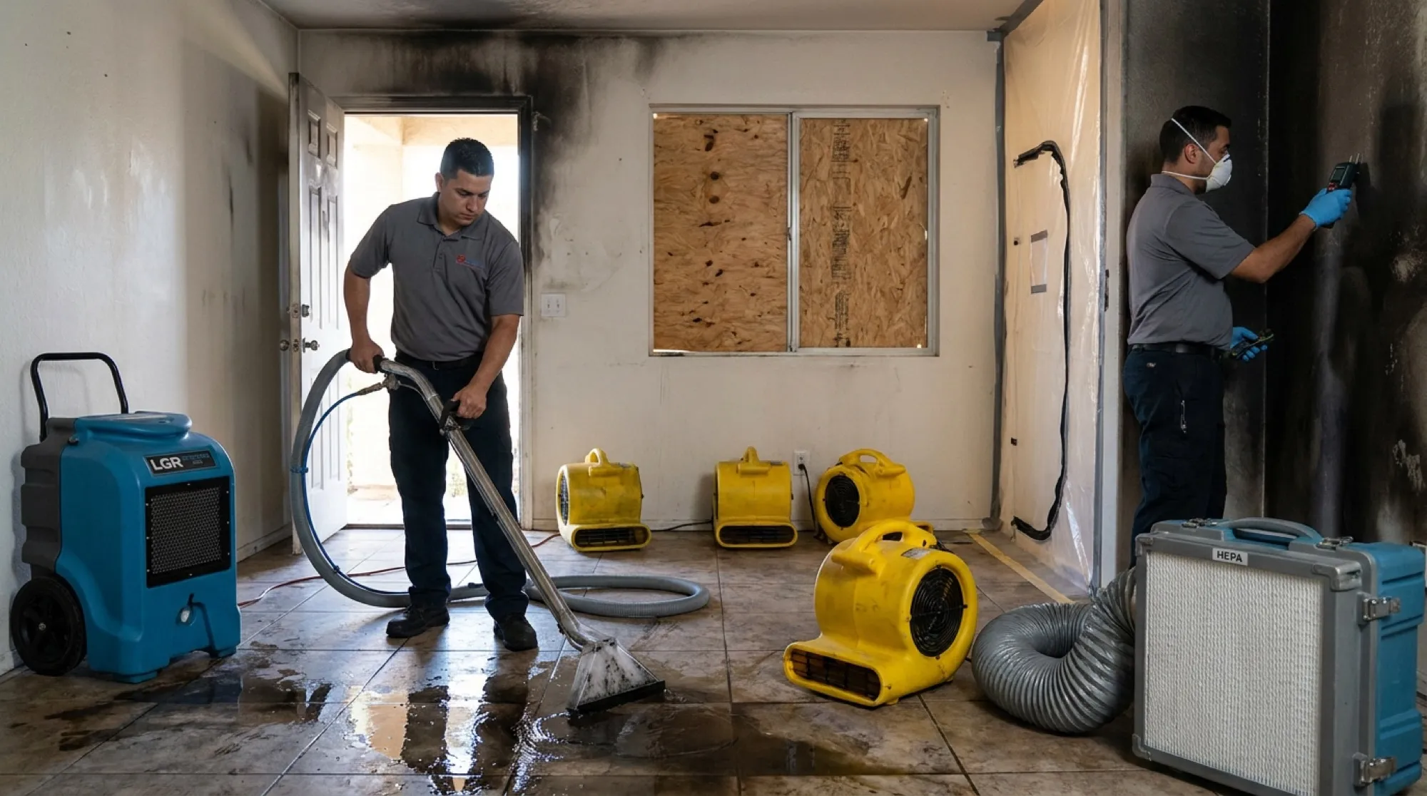 A Phoenix home interior after a kitchen fire, with soot staining above the doorways and standing firefighting water being extracted from the floor.