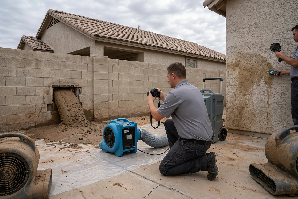 A technician photographs a fresh sediment fan below an Anthem backyard wall opening after foothill runoff.