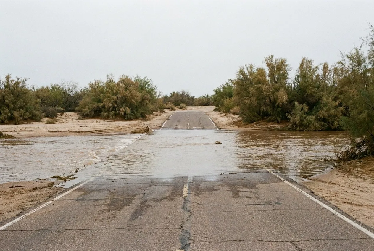 Muddy river water flows across a low, unbridged road crossing of the Agua Fria River in Avondale after a heavy rain.