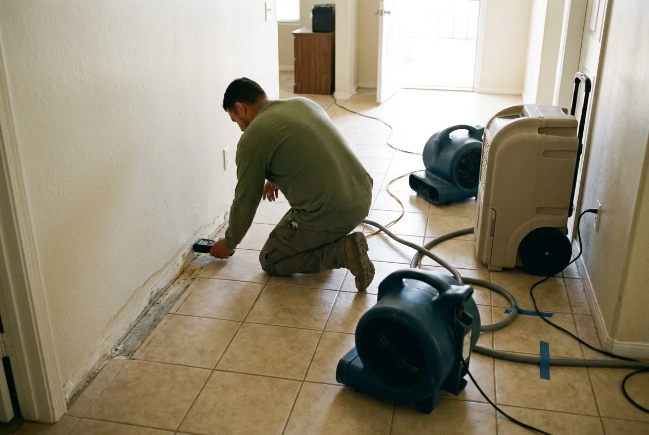 A technician checks a garage-side hallway wall with a pin moisture meter after storm runoff entered an Avondale home.