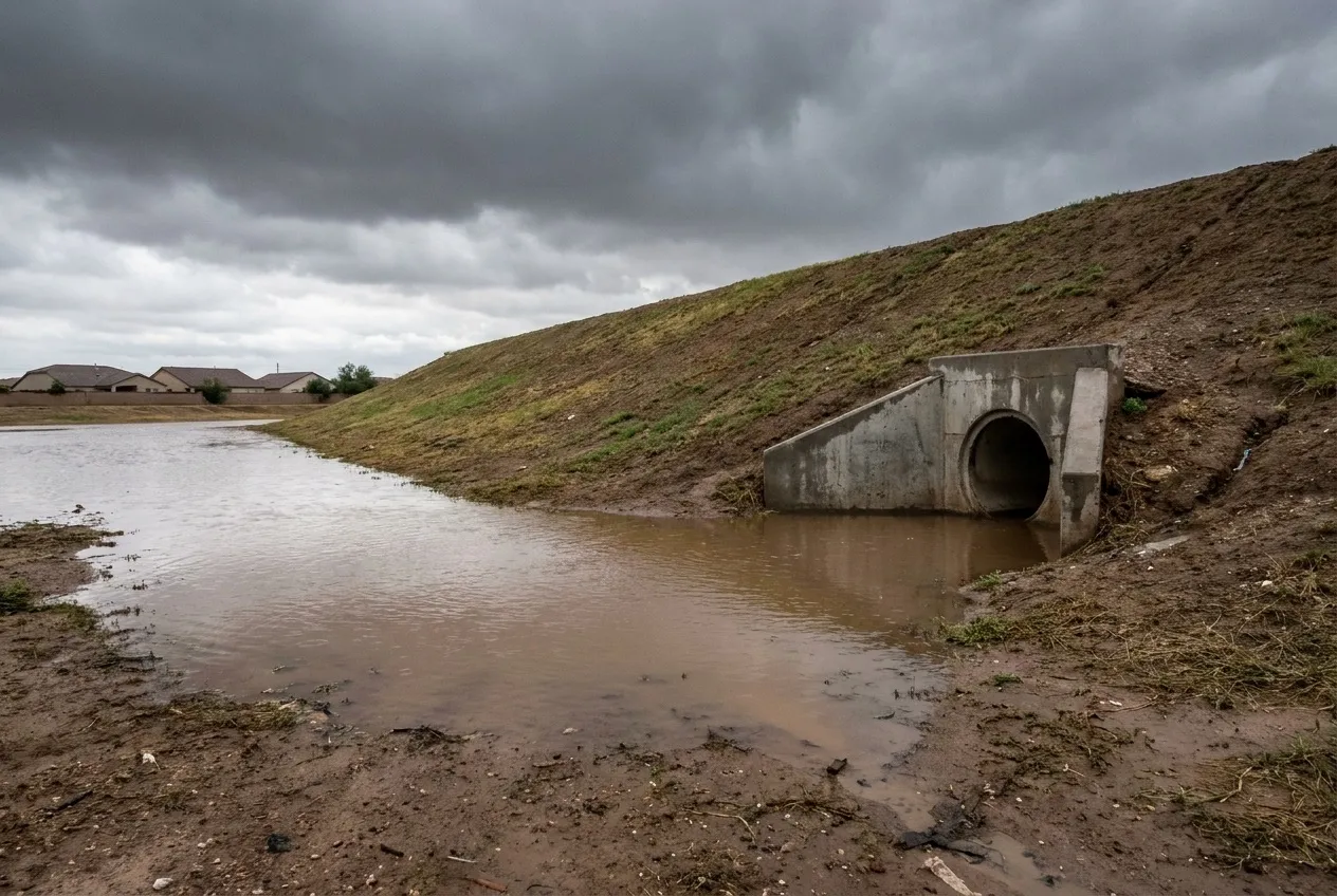 Storm runoff pools against the landward side of the Agua Fria River levee in Avondale beside a concrete storm-drain outlet.
